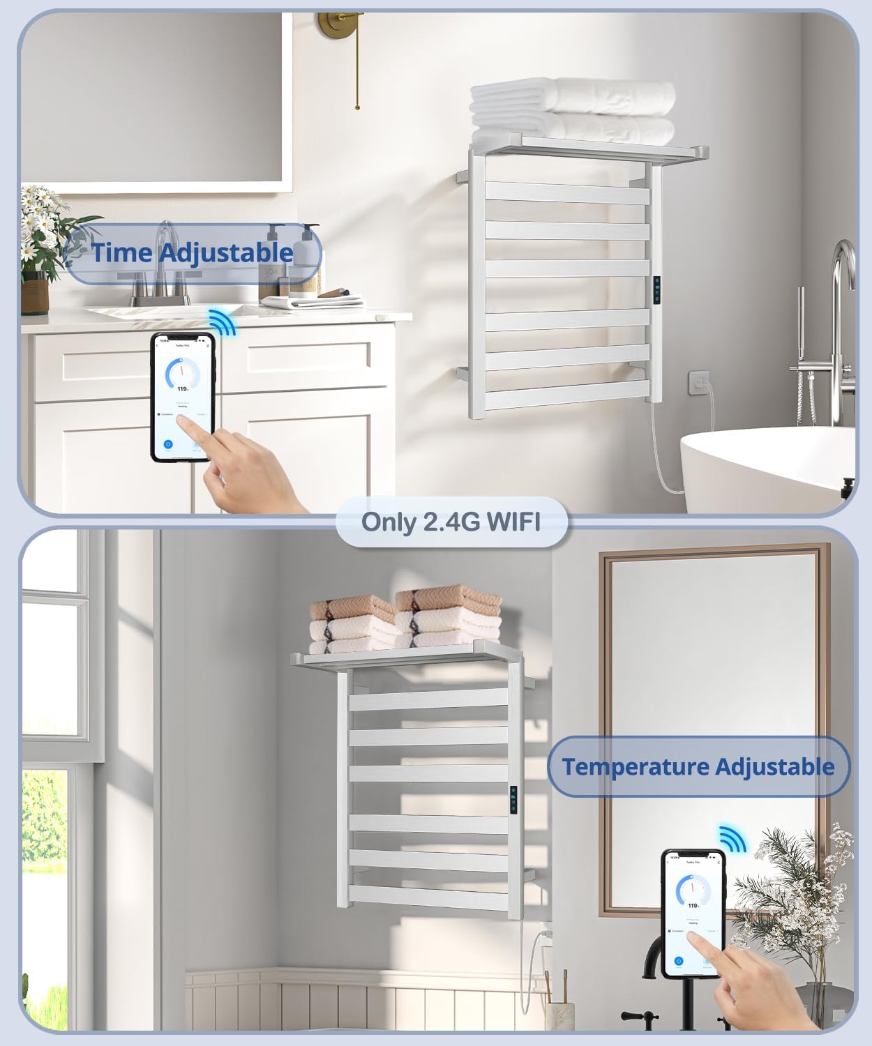 WiFi Heated Towel Rack - Electric Wall-Mounted Towel Warmer with LED Timer, Stainless Steel, 6 Bars | Brushed Nickel