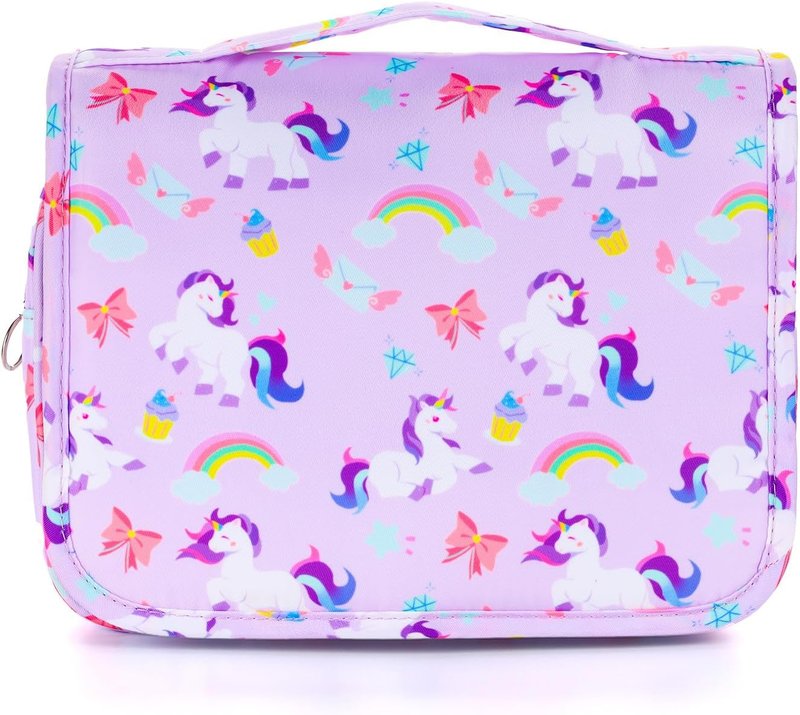 Kids Hanging Toiletry Bag - Waterproof Travel Makeup Organizer for Girls | Unicorn Purple