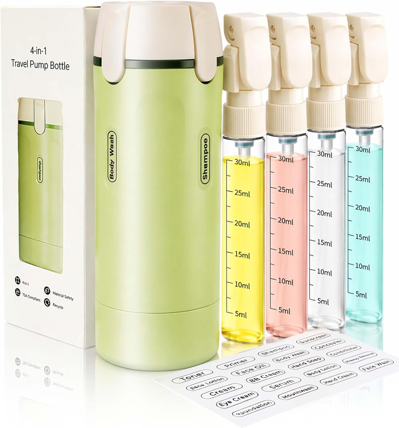 Travel Dispenser Bottle - 4 in 1 TSA Approved Leak Proof Toiletry Containers | Refillable for Shampoo, Conditioner, Lotion & Skincare
