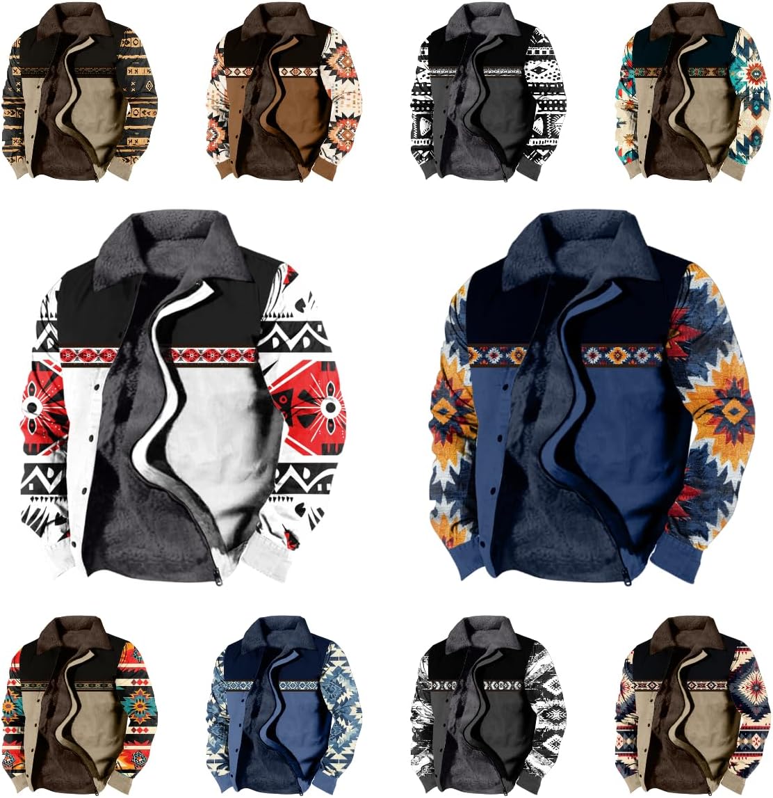 Aztec Cowboy Western Jackets for Men - Long Sleeve Sherpa Fleece | Retro Ethnic Print Warm Coats