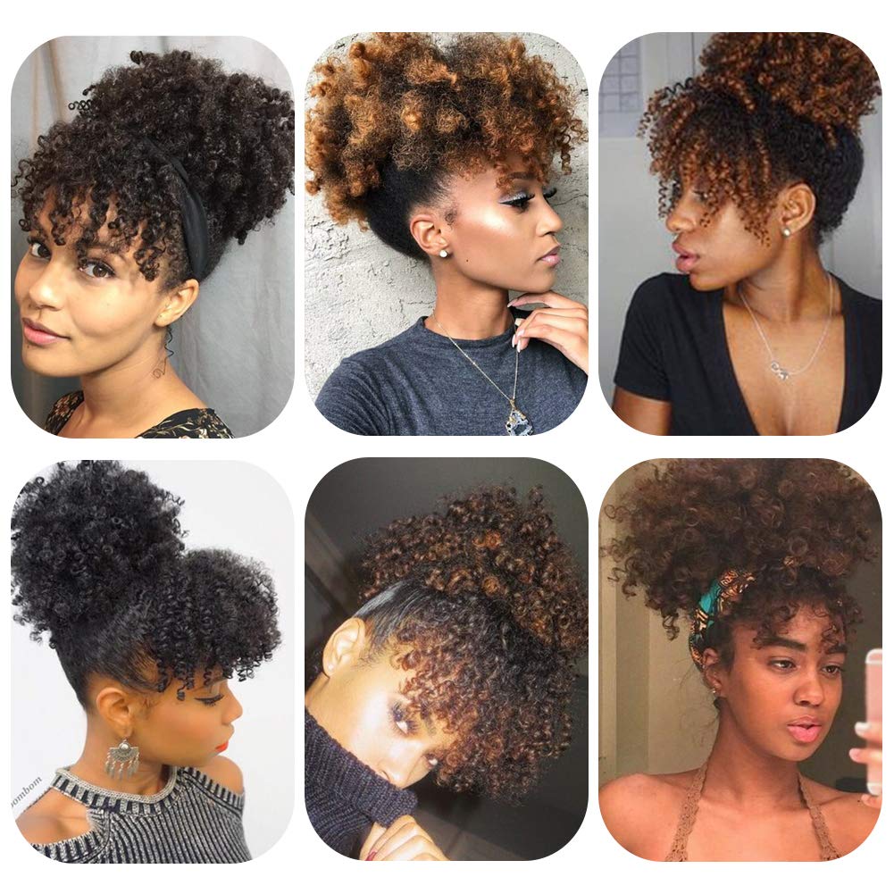 Curly Ponytail Wig for Black Women - Afro High Puff Bun Hair Piece with Bangs | Synthetic Drawstring Extension