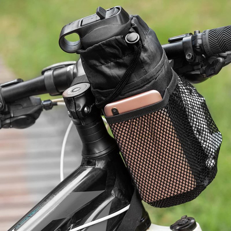 Caudblor Bike Water Bottle Holder Bag for Kid Adult, Insulated Bicycle Coffee Cup Holders with Phone Storage, Black Handlebar Drink/Beverage Container for Walker/Cruiser/Exercise/Mountain Bike
