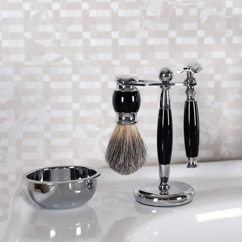 SANWA Deluxe Stainless Steel Shaving Brush Stand Holder for Razor & Brush - Extra Wide Openings, Weighted Base Black Handle