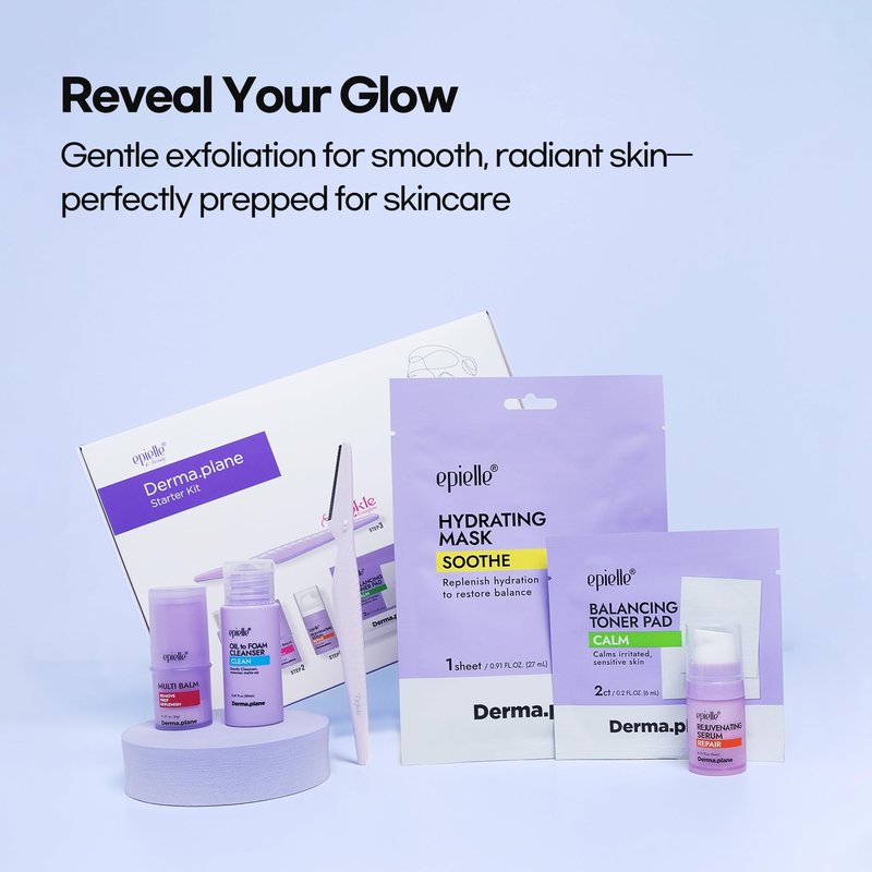 epielle & Tinkle Complete Safe Dermaplane Starter Kit: Safe Facial Renewal System Cleanser, Multi-Balm, Dermaplane Tool, Hydrating Mask & Serum, Peach Fuzz Removal Stocking Stuffer Dermaplaning Kit