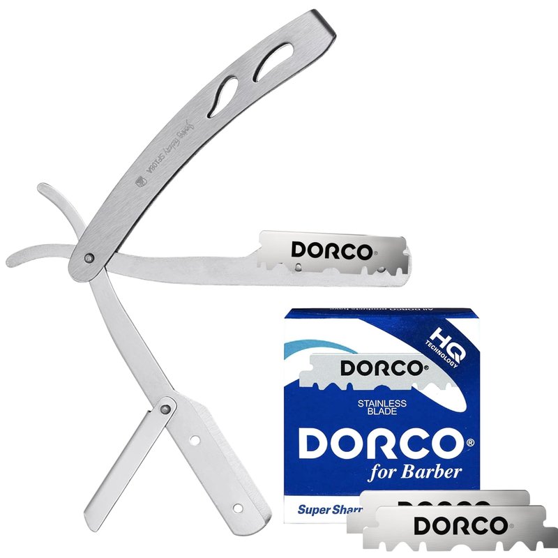 The Shave Factory Straight Edge Razor Kit - with Single Stainless Steel razors (Stell + Blue)