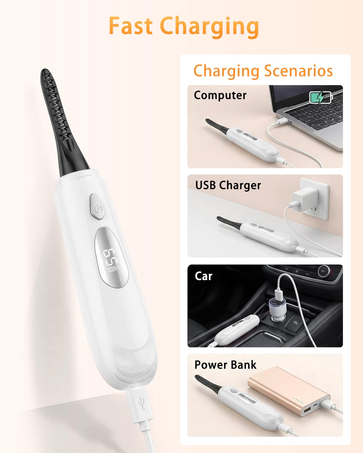 Heated Eyelash Curler for Women - 10s Fast Heating, 4 Adjustable Temp (131℉ - 185℉), LED Display, 24H Long-Lasting Curling Eye Lash Curler, Ergonomic Design, Travel-Friendly Makeup Tool Gift, White