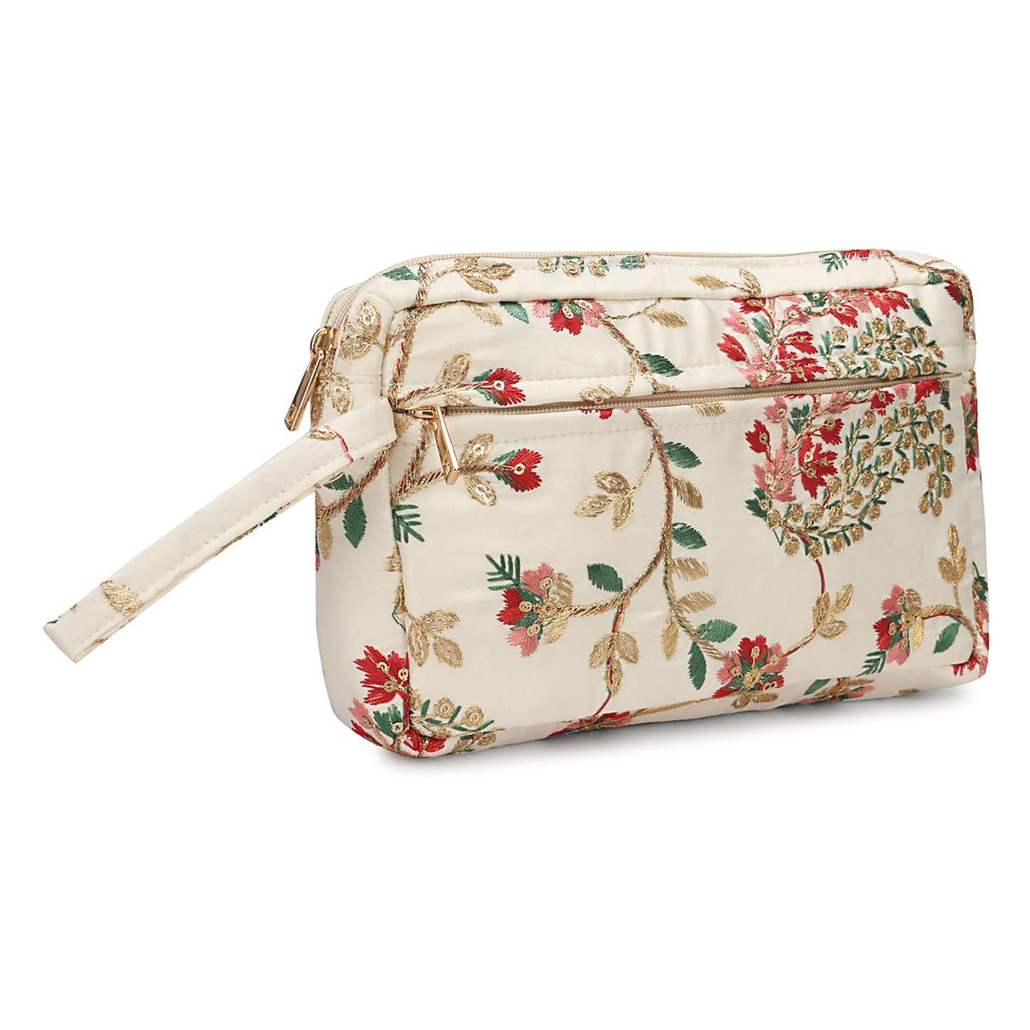 LONGING TO BUY Floral Embroidered Cosmetic Pouch, Make Up Organizer Pouch for Women, Zip Pouch Combo for Multiple Use Wristlet Design (White Multi)