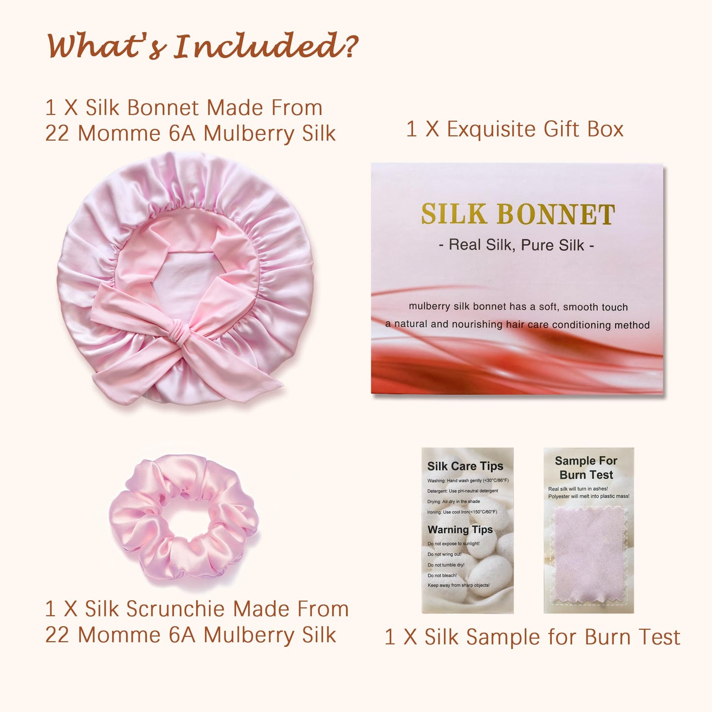 100% Mulberry Silk Bonnet for Sleeping Women, Pure Real Silk Hair Bonnets with Tie, Double Layer Sleep Cap for Curly Hair