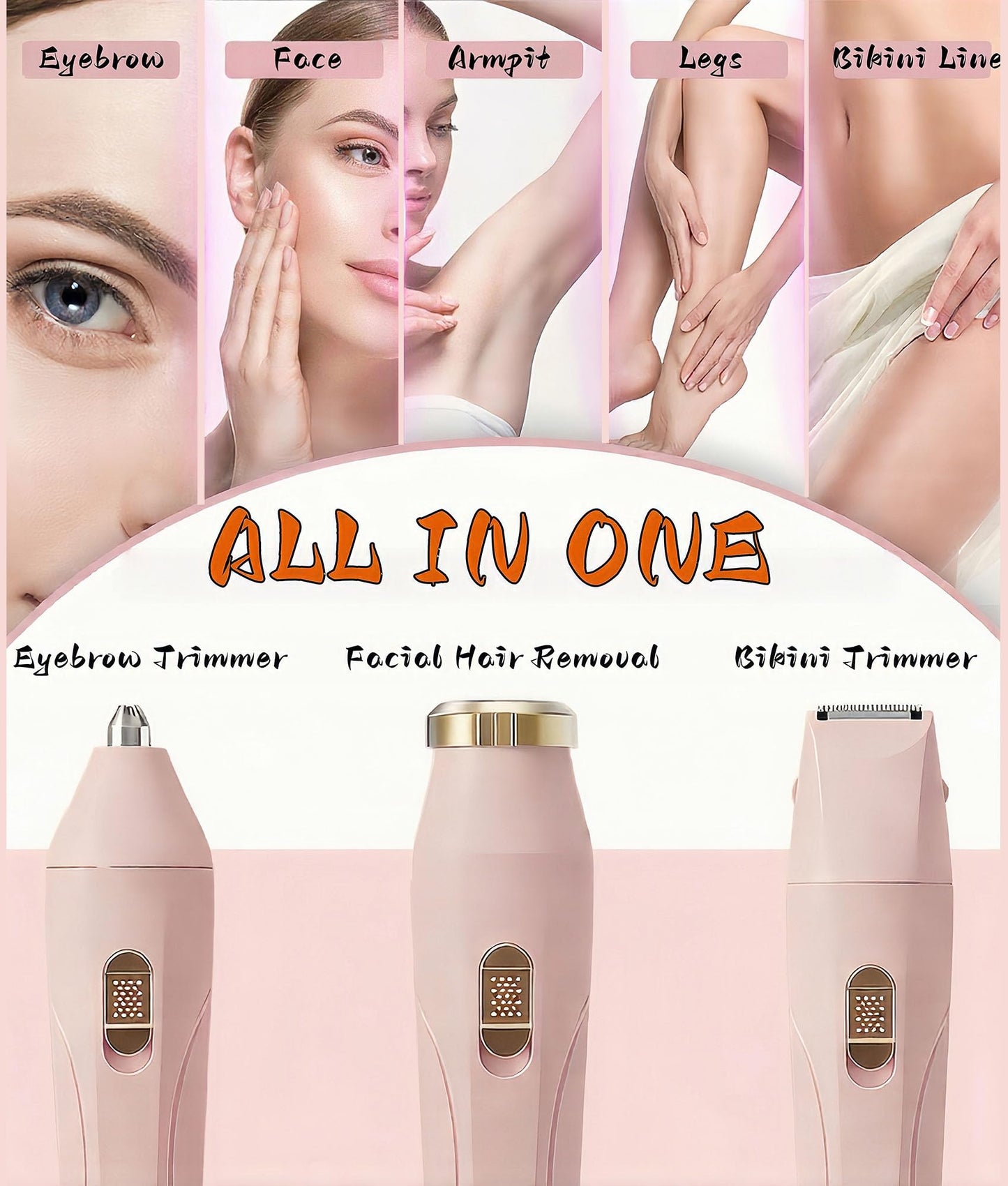 Gadhevia Eyebrow Trimmer Facial Hair Removal for Women - 3 in 1 Painless Eyebrow Shaver - Body Razor for Legs, Armpits, Face, Eyebrows, Bikini, USB Rechargeable, Easy to Clean, Pink