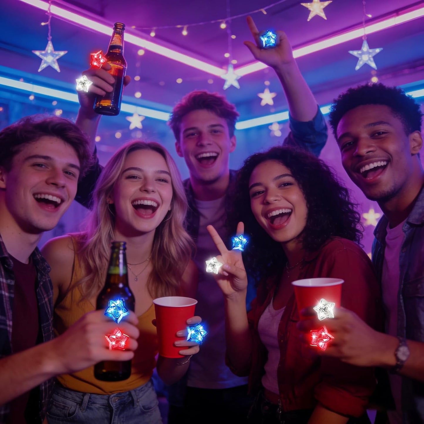 LED Light Up Star Rings - 24 PCS Patriotic Party Favors for 4th of July | Red, White & Blue Decorations