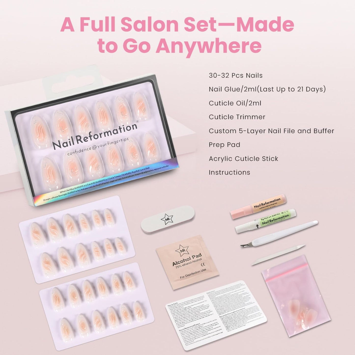 Nail Reformation Press On Nails, Shoreline Swirl | Milky Medium Almond Fake Nails with 3D Embossed Peach Swirls & Silver Glitter, Reusable Stick On Nails Kit - 30 Pcs in 15 Sizes, Gifts for Women