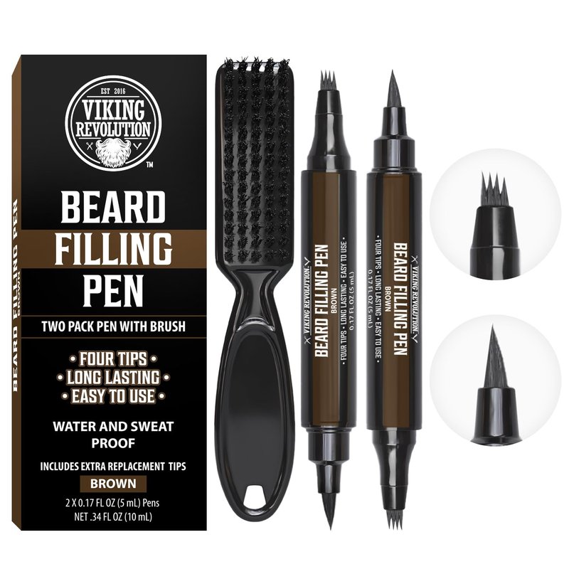Viking Revolution Beard Pen (2 Pack) - Brown Beard Pencil Filler for Men Lapiz para Barba de Hombre - Beard Filler for Men Waterproof Beard Filling Pen Kit - Long Lasting Beard Filler Pen with Brush