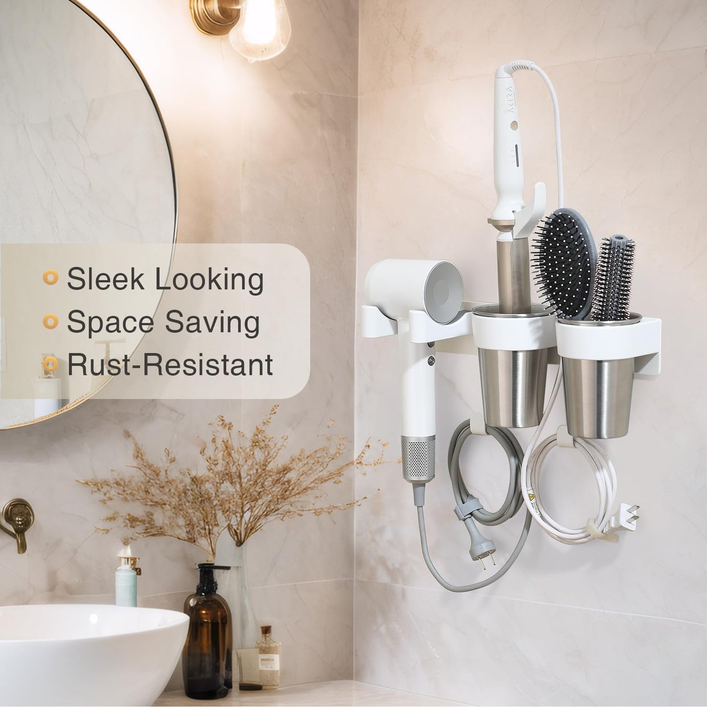 HAVICATO 3-in-1 Hair Tool Organzier, Hair Hot Tools Wall Holder, Hair Dryer Curling Iron Holder with Cord Keeper, Hair Dryer Holder for Vanity Bathroom Powder Room
