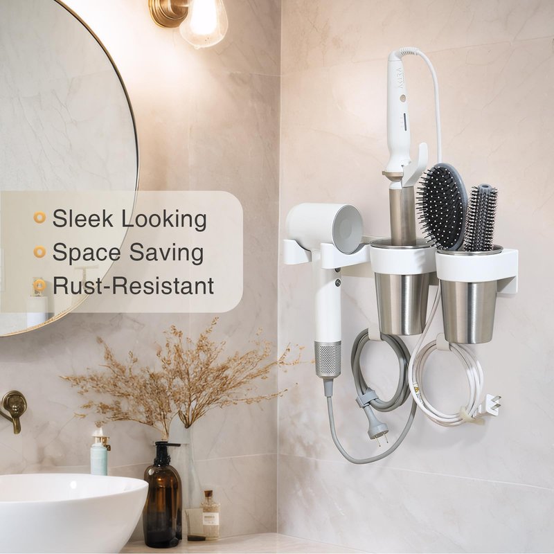 HAVICATO 3-in-1 Hair Tool Organzier, Hair Hot Tools Wall Holder, Hair Dryer Curling Iron Holder with Cord Keeper, Hair Dryer Holder for Vanity Bathroom Powder Room