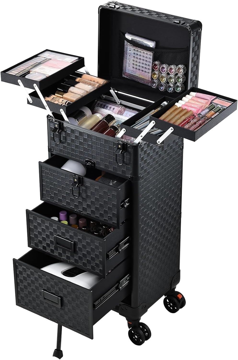 Rolling Makeup Case on Wheels - 4-in-1 Cosmetology Organizer with 3 Drawers & Foot Stand | Ideal for Artists & Salons