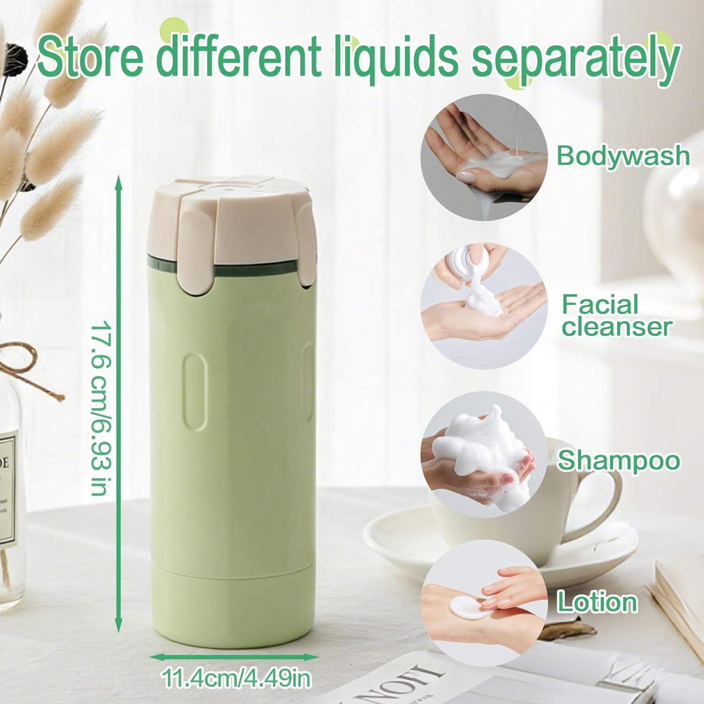 Travel Dispenser Bottle - 4 in 1 Leak-Proof Toiletry Pump | Portable Refillable Containers for Shampoo, Lotion & Body Wash (Green)