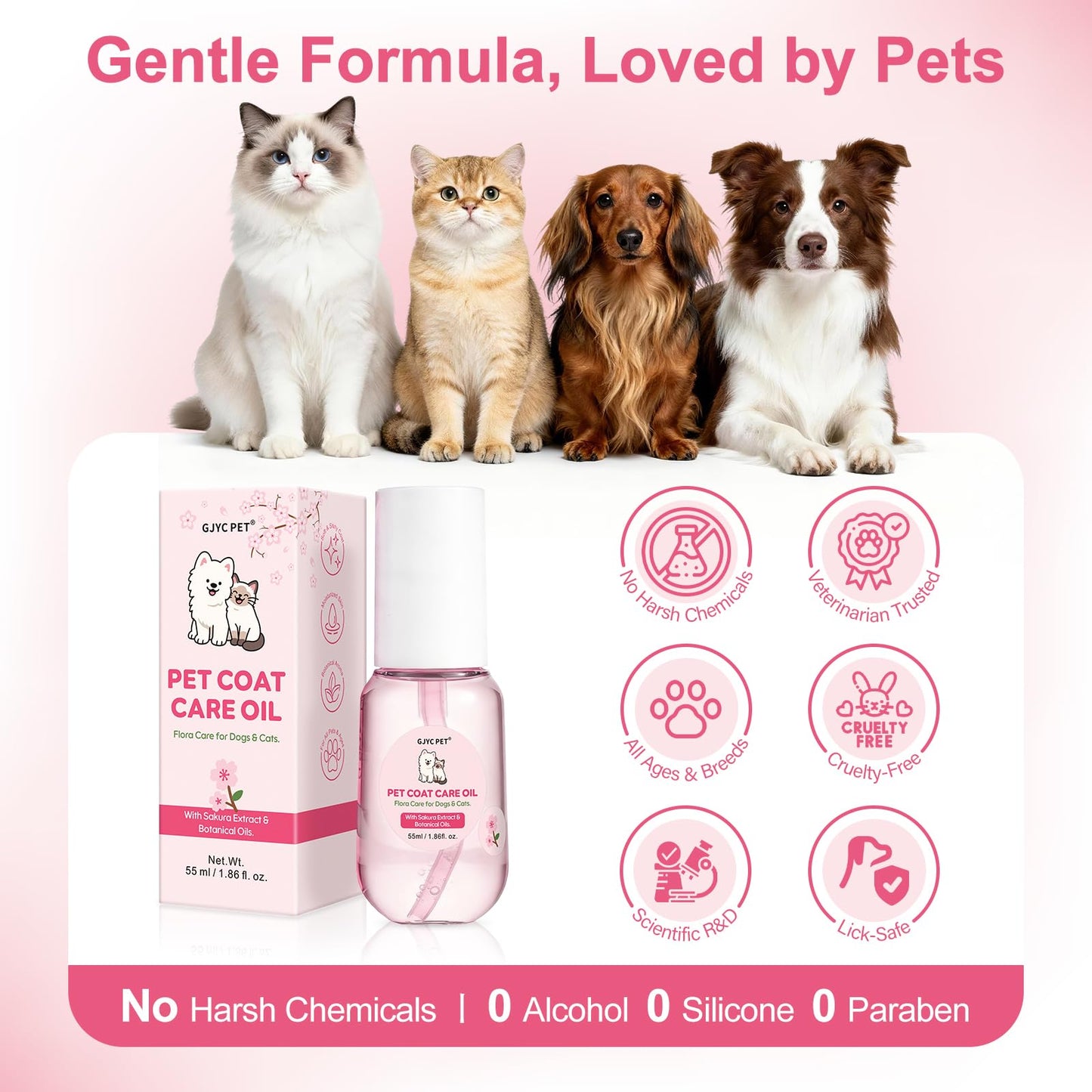Pet Coat Care Oil, Cherry Blossom & Squalane Extract | Luster Enhancing Elixir, Radiant Shine & Protective Coating; Professional Silk Gloss Finish for Dull Coats, Non-Greasy, Dogs Cats, 1.69 fl. oz