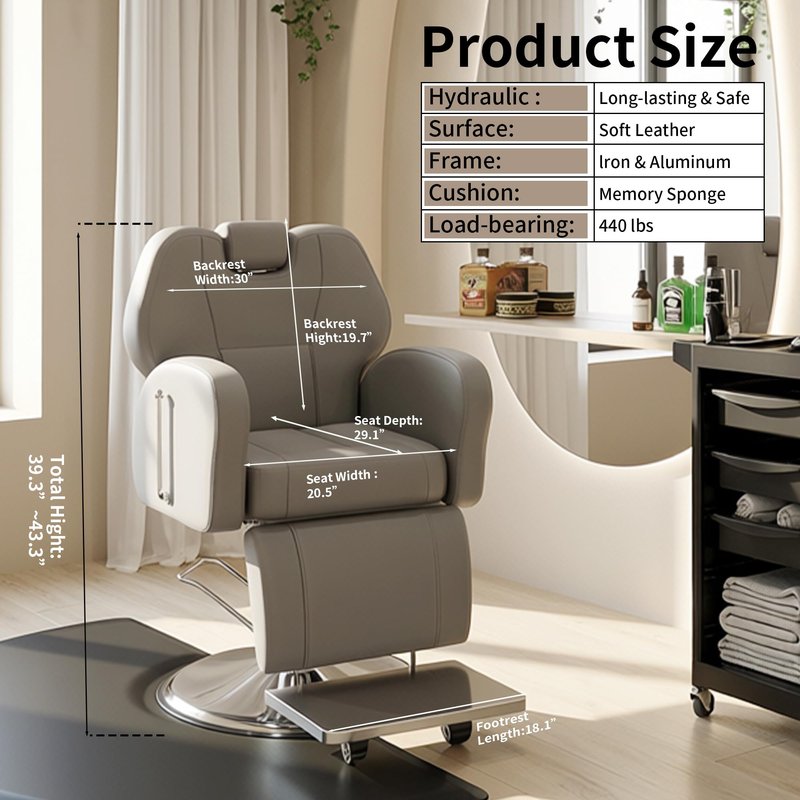 Baasha Heavy Duty Reclining Barber Chair - Grey Hydraulic Salon Chair for Facials, Lash Extensions, Tattoo & Braiding - 165° Recline with Leg Rest, Stainless Steel Base