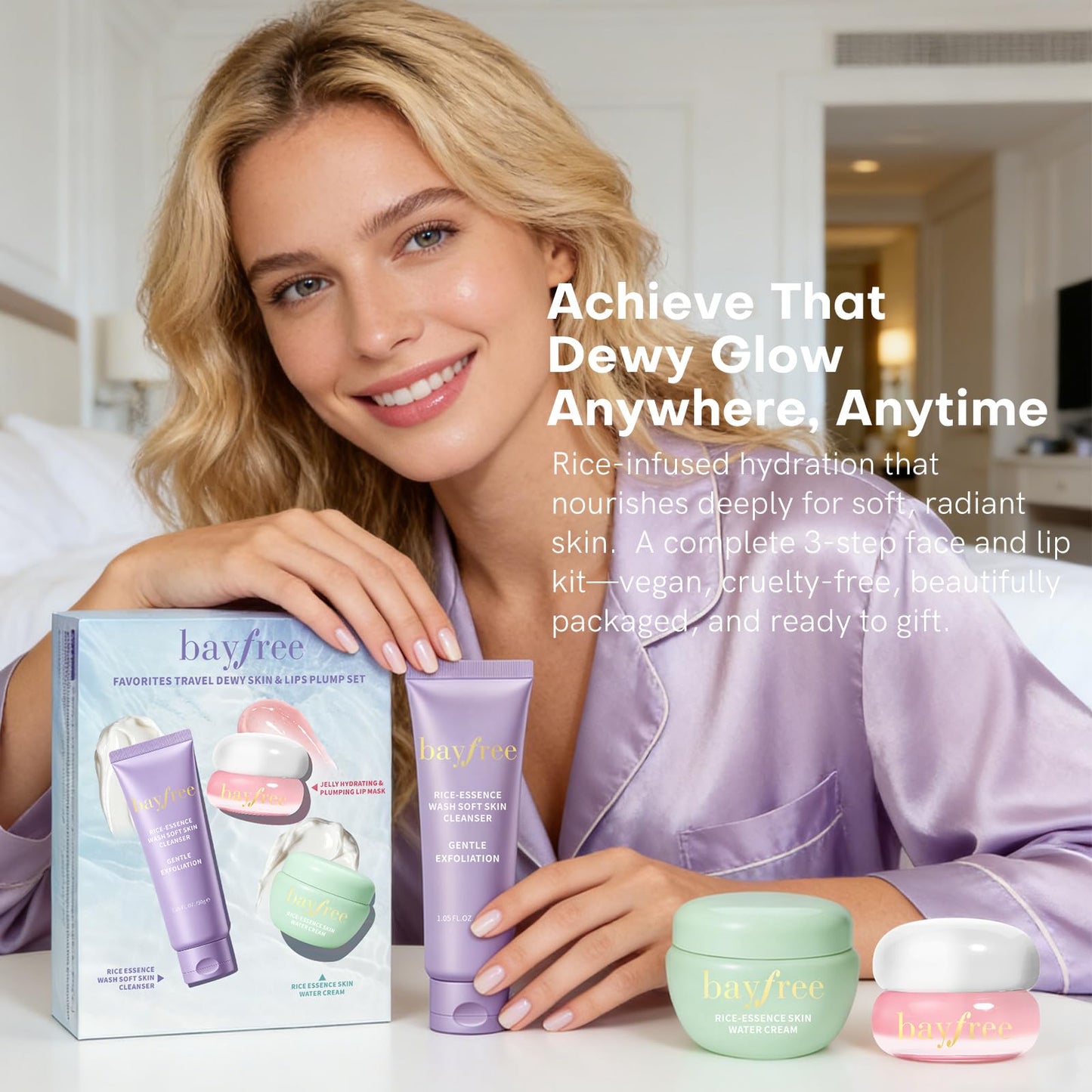 bayfree Favorites Travel Dewy Skin & Lips Plump Set, Hydrating Korean Skin Care Set with Rice-Essence Wash, Water Cream & Lip Mask, Gentle Vegan Skincare Gift Set for Girls Women, Glowing Skin