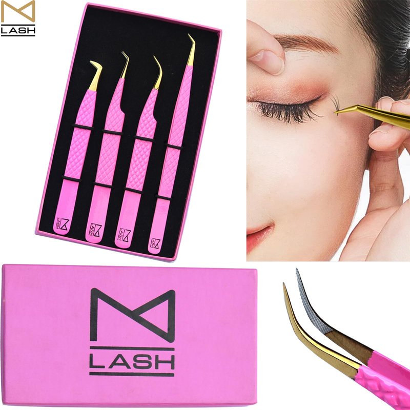 M LASH Eyelash Tweezers for Eyelash Extensions (Set of 4) - Professional Lash Extension Tweezers - Fiber Tip Lash Tweezers, Japanese Steel, Diamond Grip For Flawless Application (O3)