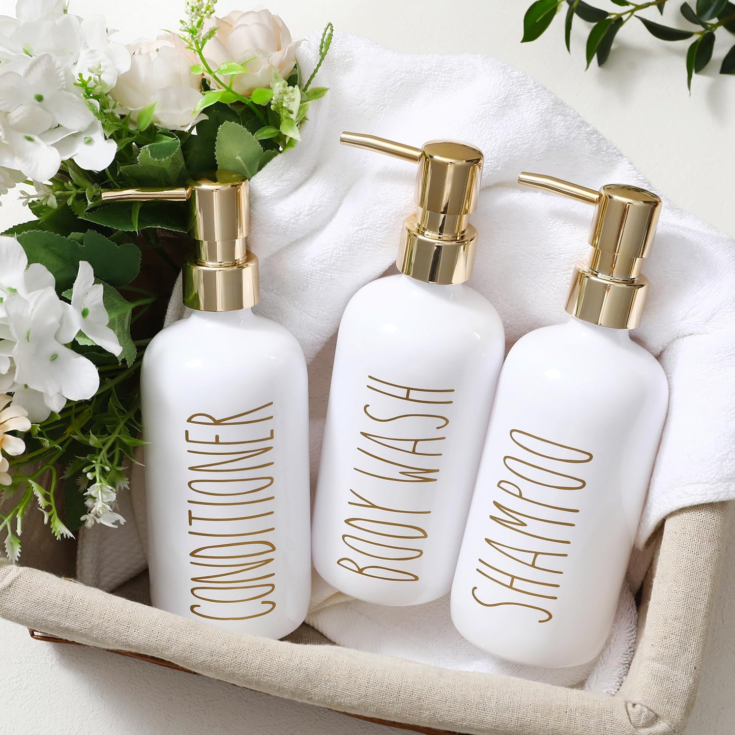 HOMCDALY Shampoo and Conditioner Dispenser Set of 3, 21oz Shower Soap Bottles with Pump, Refillable Shampoo Conditioner Body Wash Dispenser, Bathroom Shower Shampoo Bottles, Shampoo Container(P-Gold)