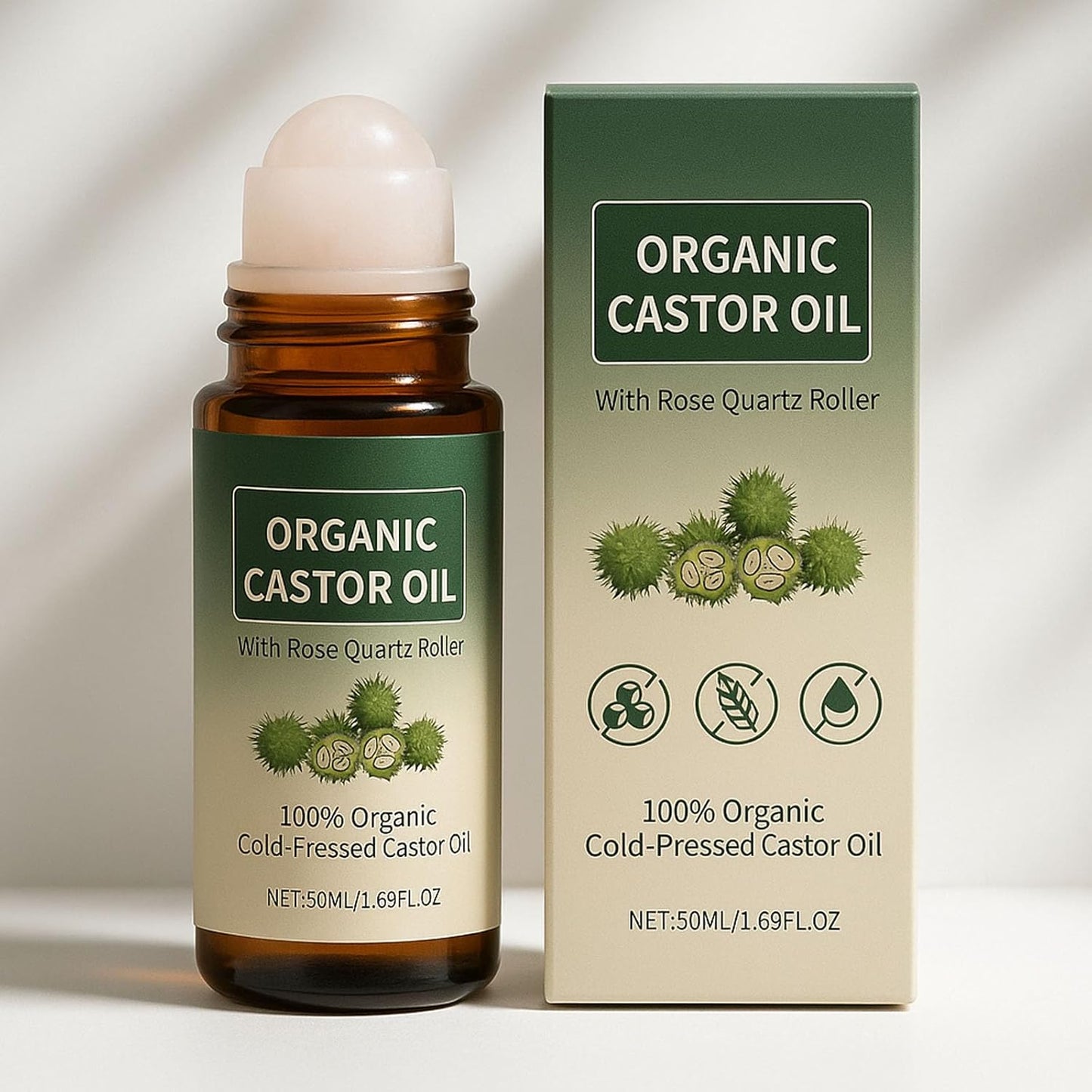Organic Castor Oil Roll-On - 100% Cold-Pressed with Rose Quartz for Skin, Brows & Lashes | 1.7oz Glass Bottle
