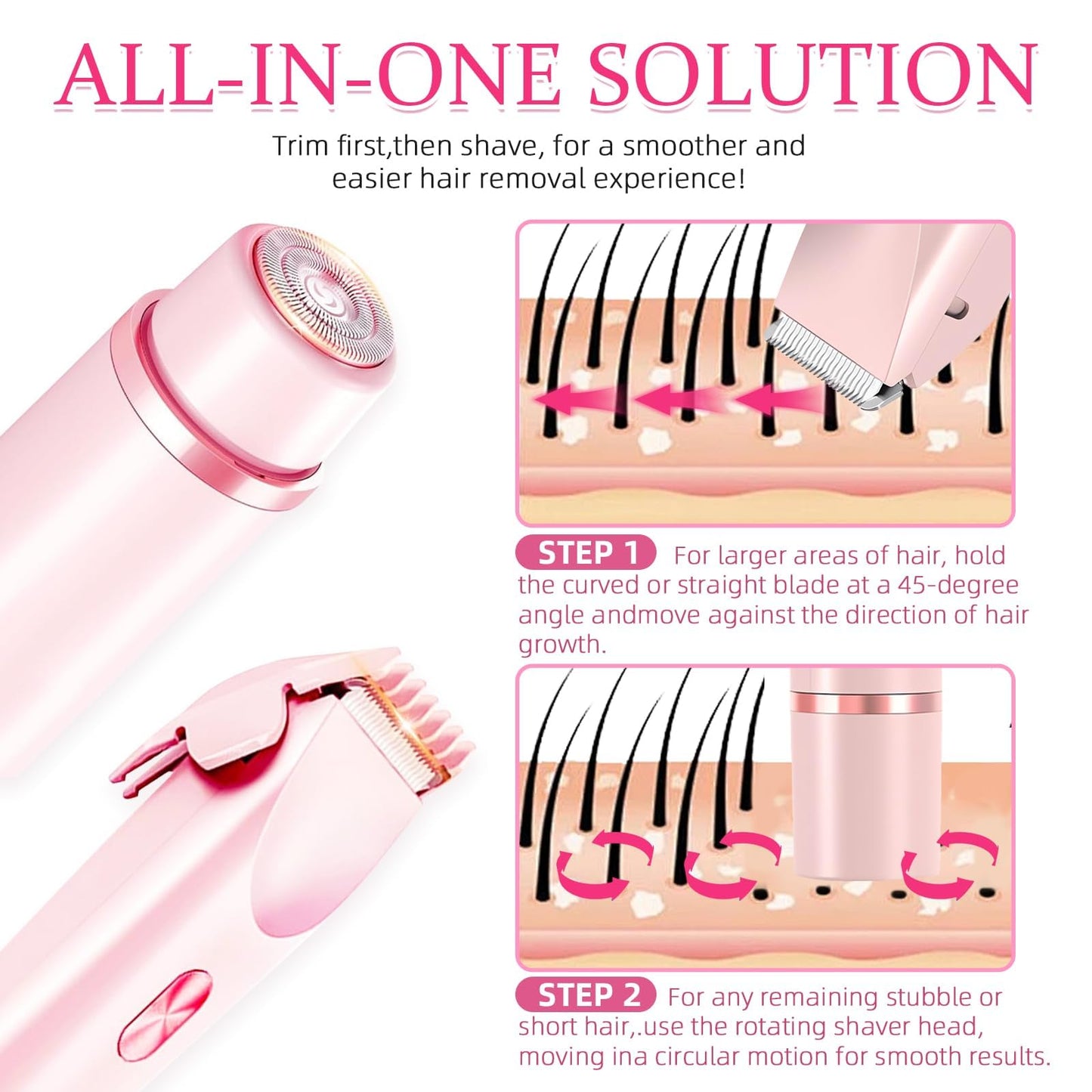 Bikini Trimmer for Women, 2 in 1 Electric Razors for Women, Dermave Bikini Shaver, IPX7 Waterproof & Easy Cleaning, Ceramic Blade, 120 Min Cordless Runtime, Ultra Low Silent(Pink).