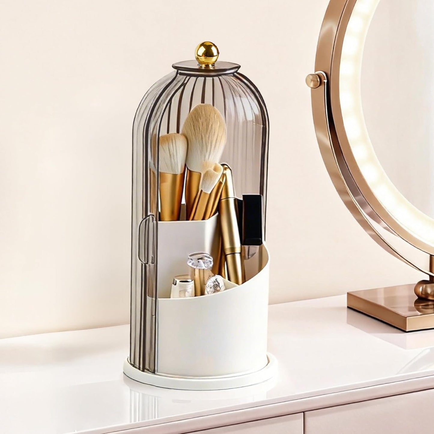360° Rotating Makeup Brush Holder - Waterproof Three-Compartment Organizer | Dustproof Vanity Storage (Transparent)