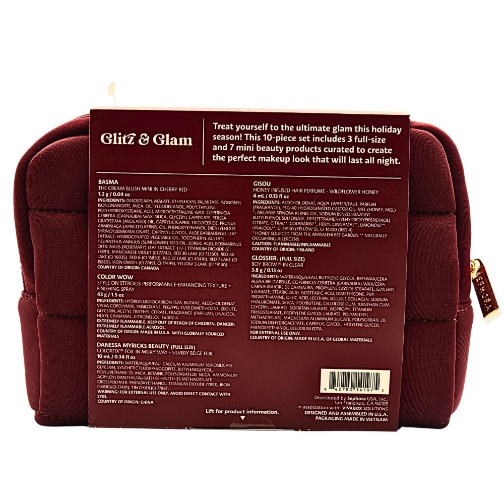Sephora Glitz & Glam 10 Piece Holiday Gift Set: Makeup, Hair & Skincare Essentials with Red Lipstick, Blush, Powder & Lashes