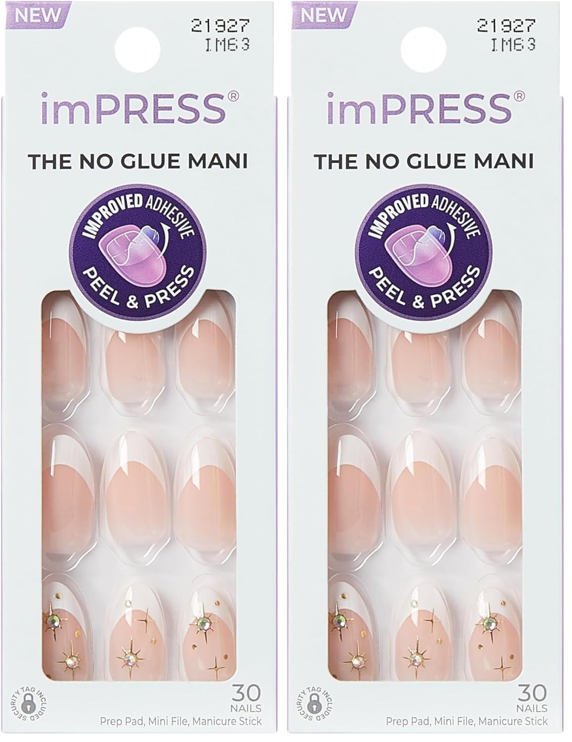Impress No Glue Mani Press-On Nails - 'Star Player' Design | White Almond Shape, Medium Size, 30 Nails & Accessories
