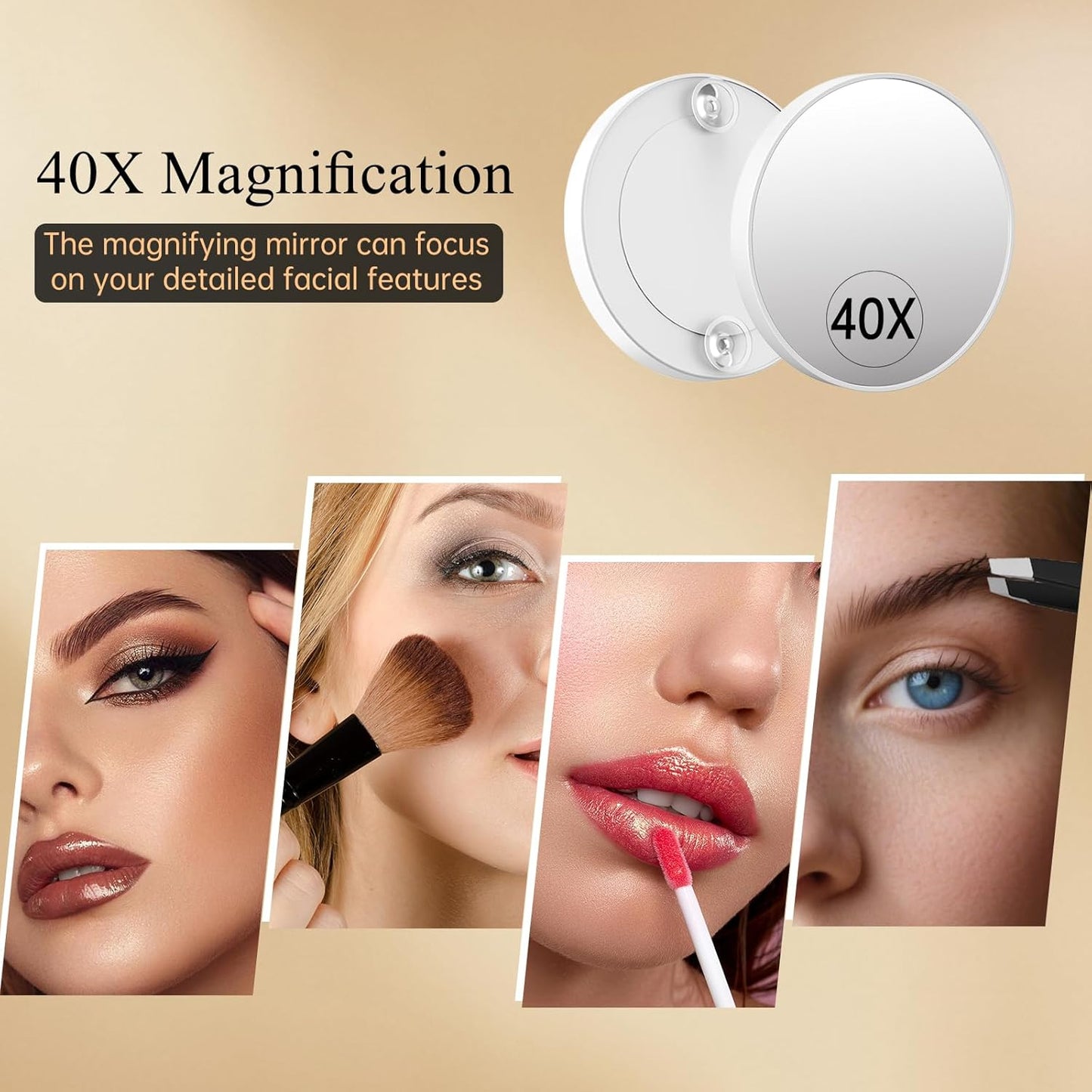Vanity Mirror with Lights - Rechargeable Makeup Mirror | Smart Touch, 3-Color Dimmable Lighting, 40X Magnification, White