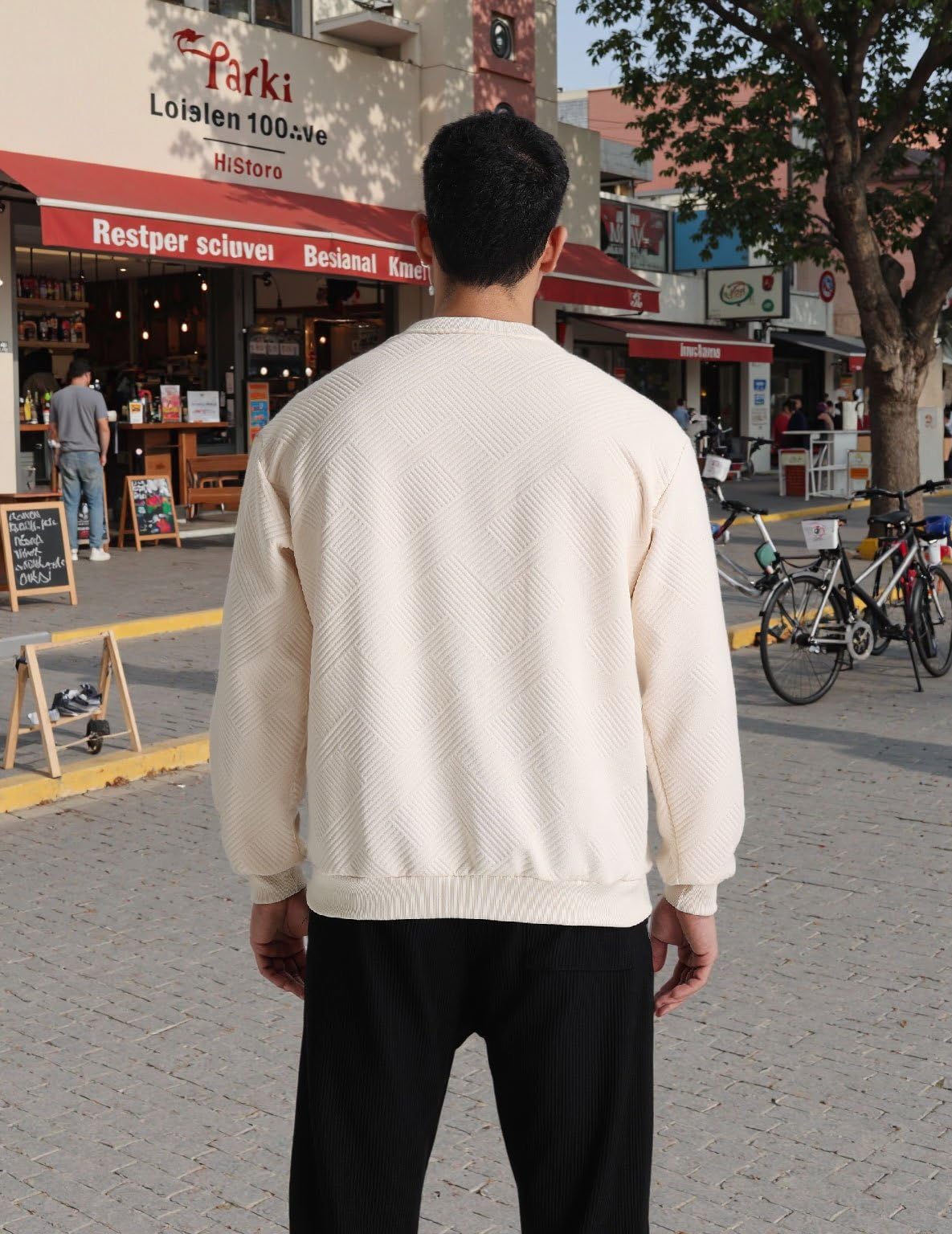 LUYIJIESHENG Men's Apricot Crewneck Long Sleeve Basic Pullover Sweatshirt Soild Color Geometric Texture Casual Crewneck Sweatshirts S