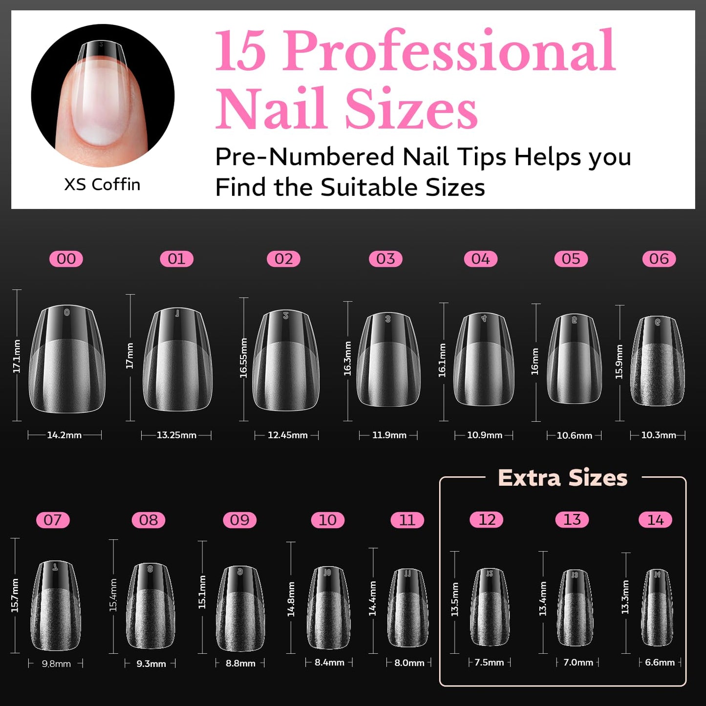 AZUREBEAUTY Extra Short Coffin Nail Tips, 600pcs Pre Etched Soft Gel Nail Tips 15Sizes Acrylic Fake Nails Half Matte Full Cover Clear Press On False Nail Extensions for DIY Manicure at Home Nail Art