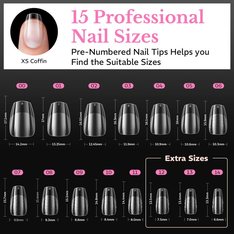 AZUREBEAUTY Extra Short Coffin Nail Tips, 600pcs Pre Etched Soft Gel Nail Tips 15Sizes Acrylic Fake Nails Half Matte Full Cover Clear Press On False Nail Extensions for DIY Manicure at Home Nail Art