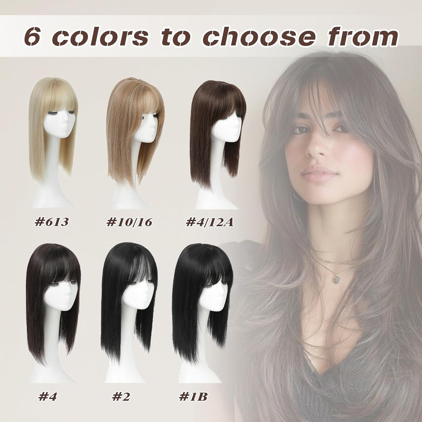 Hair Toppers for Women - Realistic Bangs & Scalp Coverage | 16-Inch Synthetic Wiglet for Thinning Hair, 6.5"x6.5" Size