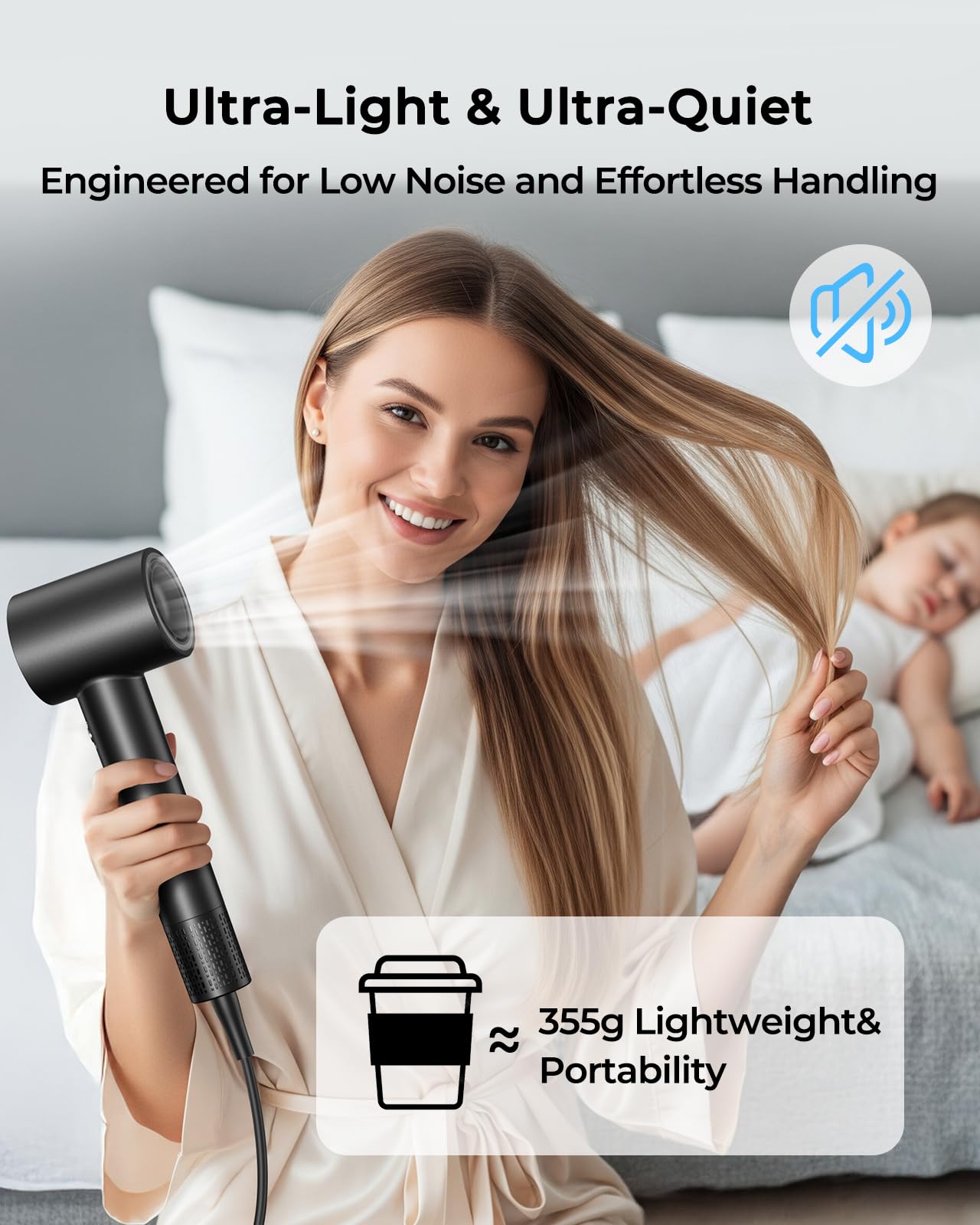High Speed Ionic Hair Dryer, 160,000 RPM Brushless Motor Blow Dryer for Fast Drying, 500 Million Negative Ions for Frizz-Free Hair, No Heat Damage, Lightweight with Magnetic Diffuser & Nozzle