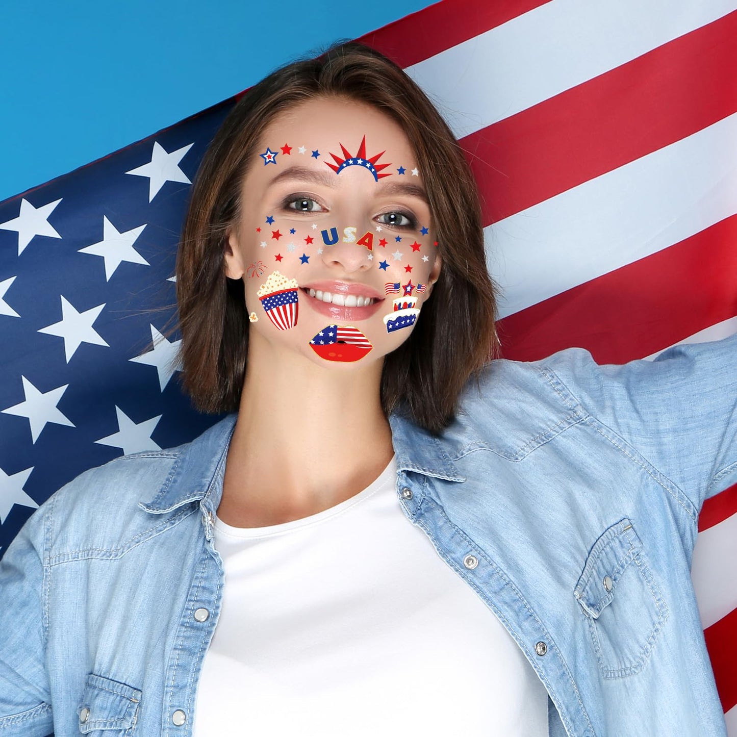 HOWAF 9 Sheets USA Glitter Face Tattoos, 4th of July Face Art Temporary Tattoo for USA Patriotic Parades Celebrations, Red White Blue Face Tattoos Stickers for Independence Day Supplies
