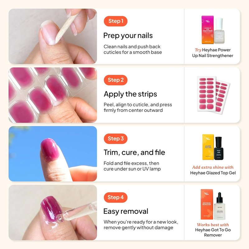 Heyhae Semi Cured Gel Nail Strips - Easy Apply Solid Pink Spring Design | 28 Strips, Prep Pads & Nail File Included