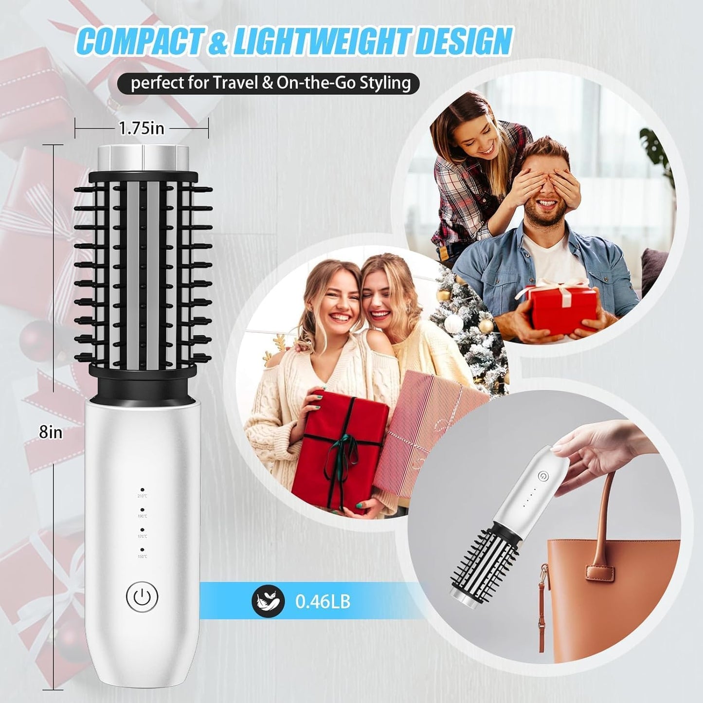 Cordless Curling Iron Brush - 3-in-1 Mini Travel Heated Styling Tool | Rechargeable, 1.5-Inch, White