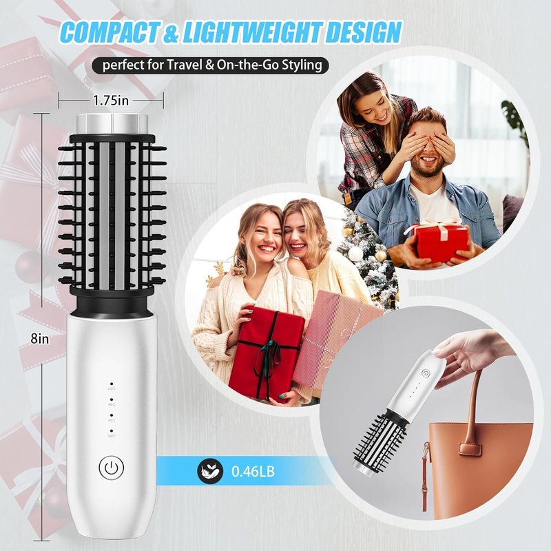 Cordless Curling Iron Brush - 3-in-1 Mini Travel Heated Styling Tool | Rechargeable, 1.5-Inch, White