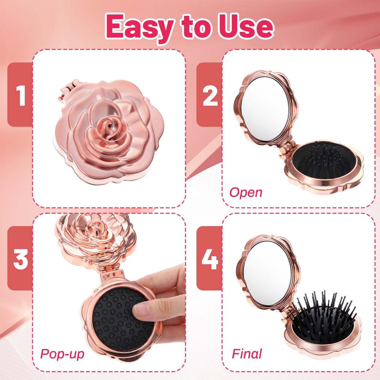 Matwsec 2 Pcs Folding Hair Brush for Women, Rose Gold Small Hair Brush for Purse, Compact Mini Hairbrush with Mirror, Portable Pocket Travel HairBrush for Women Girls Stocking stuffers