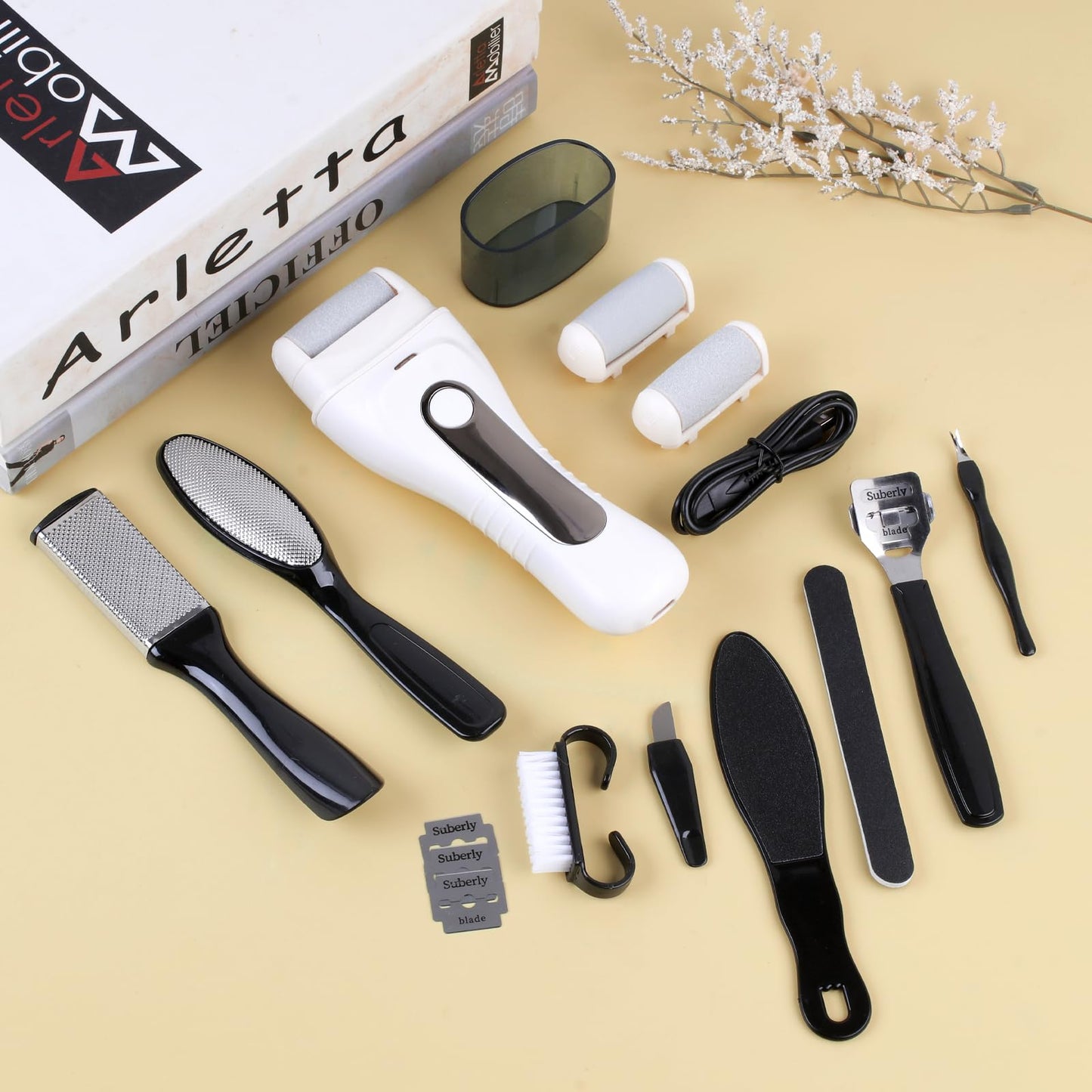 Meyluth Electric Foot Scrubber File Callus Remover, 17-in-1 Professional Pedicure Kit, Waterproof Cracked Dry Dead Skin Removal for Feet Care, Wider 3 Rollers, 3 Speed, Battery Display