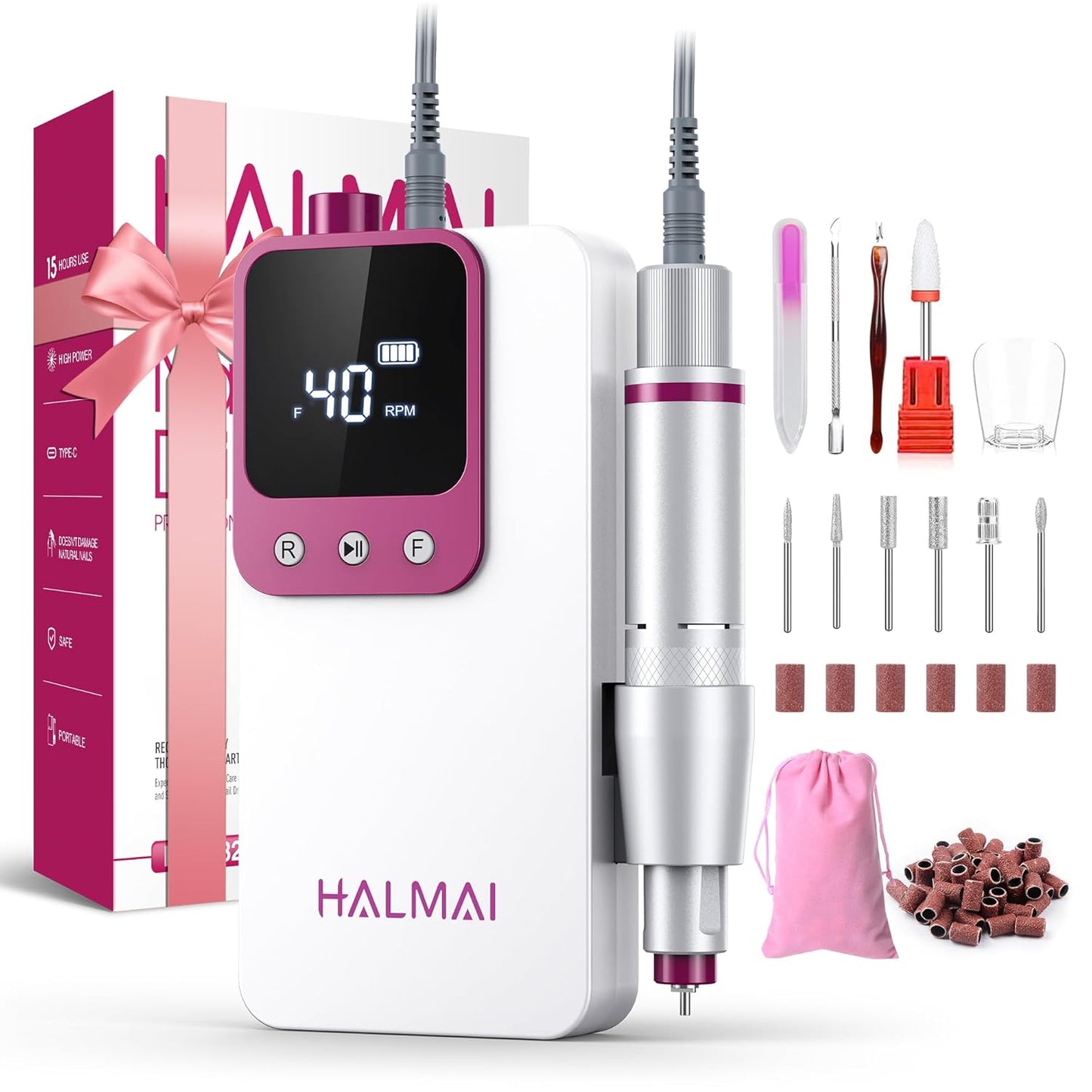 Electric Nail Drill - Professional Portable File for Acrylic Gel Nails | Cordless Rechargeable 40000RPM Efile Machine (Dark Grey)