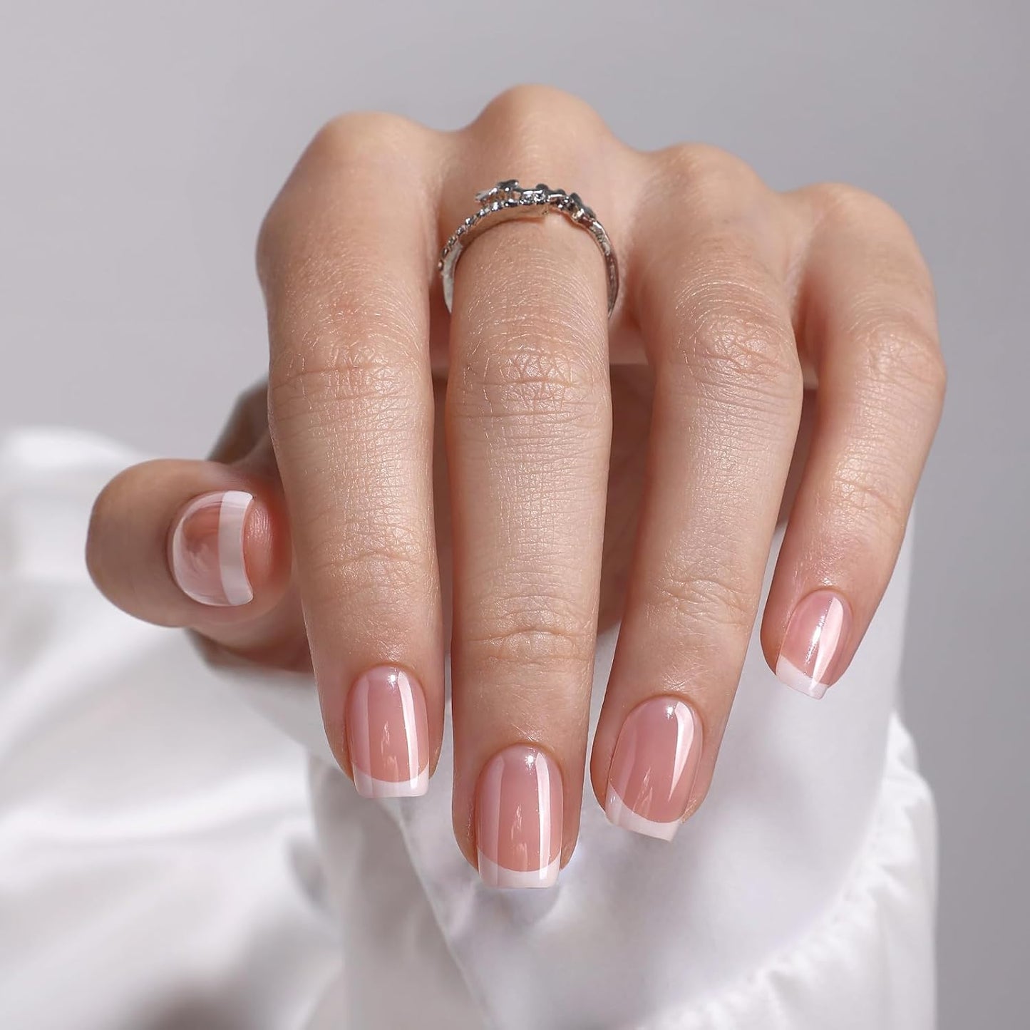 Chrome Press On Nails - Oval Soft Gel Nude Short for Women | 32 Reusable Glossy Glue-On Nails in 16 Sizes