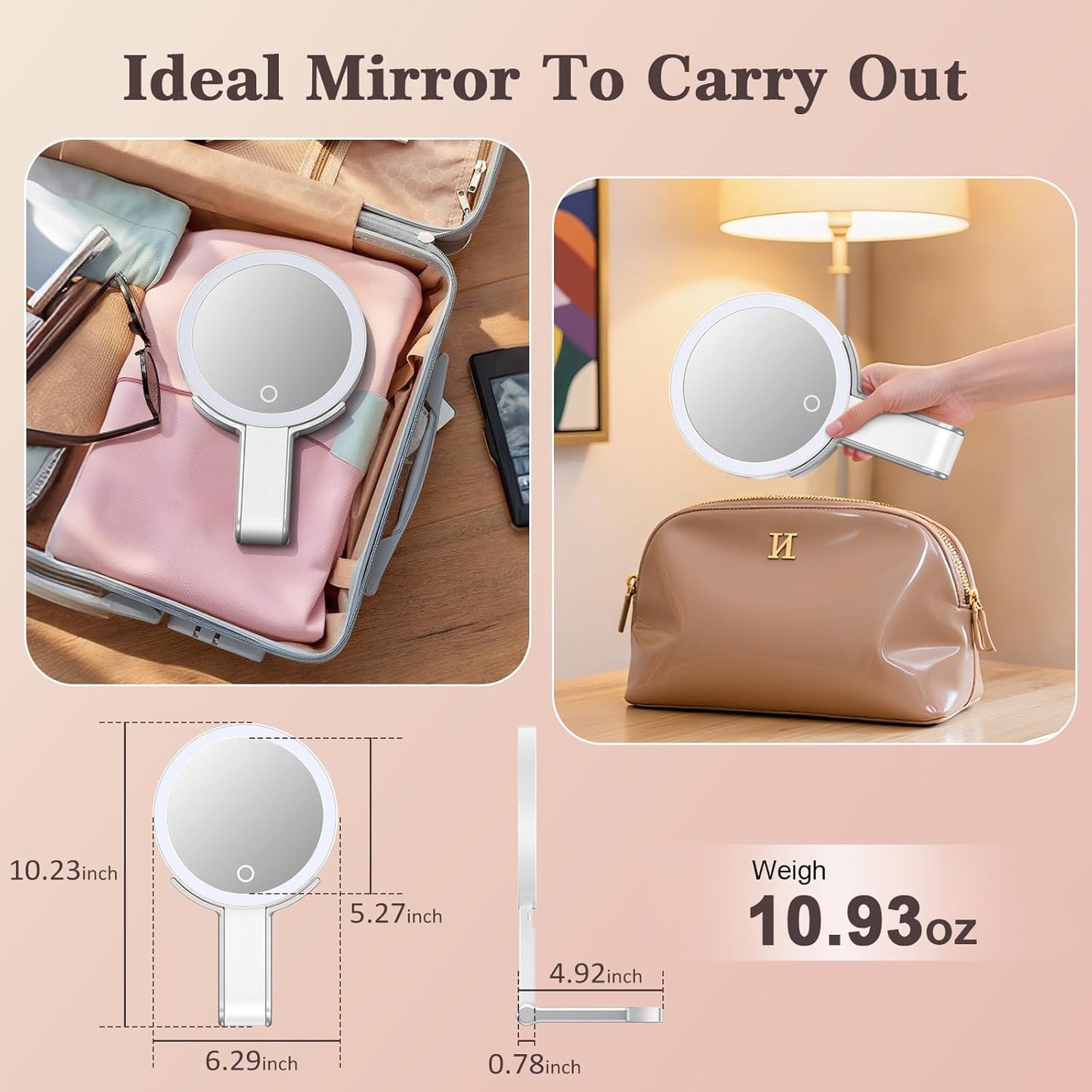 Travel Makeup Mirror with Lights - 15X/1X Double-Sided LED Magnifying Mirror | Portable, Dimmable Touch Control, 3 Color Lighting