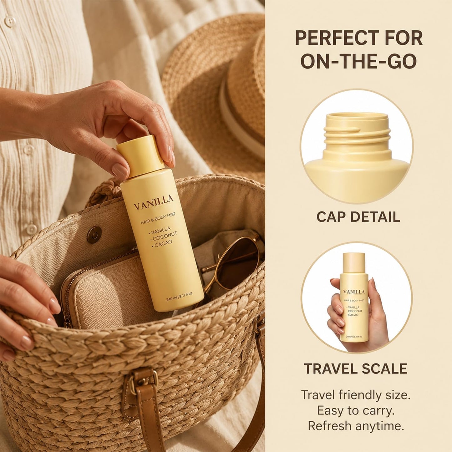 launary Vanilla on the Beach Hair and Body Mist, Warm Vanilla Coconut Fragrance Spray, Long-Lasting Tropical Hair Perfume Spray for Hair & Skin, Natural Vanillas & Beach Scent
