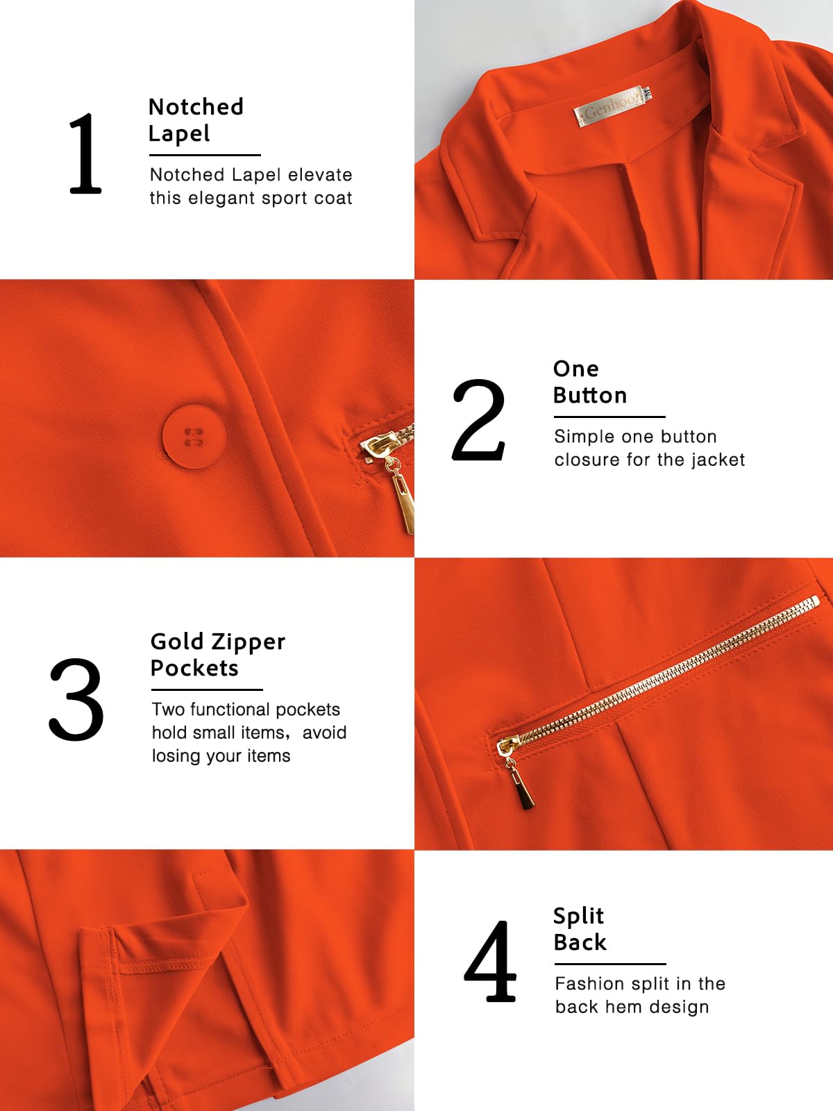 Genhoo Women's Jacket Blazer Solid Color Casual Knit Blazer with Pockets Orange X-Large
