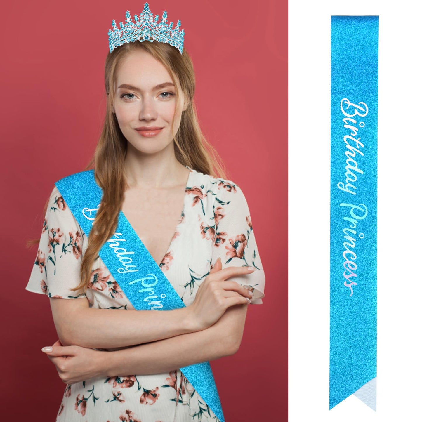 CAVETEE Princess Crown and Sash, Glitter Tiara for Party Decorations, Happy Birthday Accessories for Women Girls (Blue), Standard