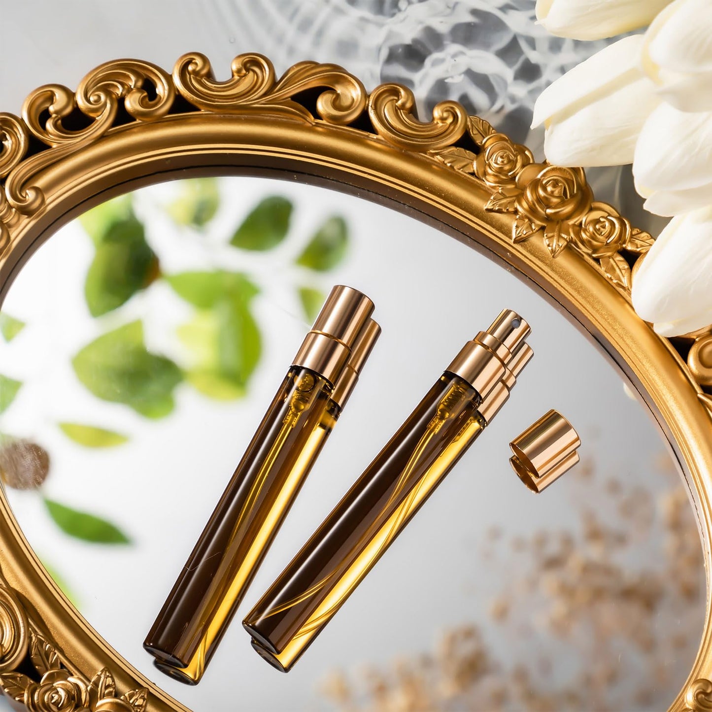 Domensi 60 Pcs 10ml Mini Perfume Bottle Fine Mist Atomizer Glass Refillable Bottles Decants Bulk for Perfumes Travel Glass Container with Atomizer Pump Kit for Fragrance(Amber, Gold, 10ml)