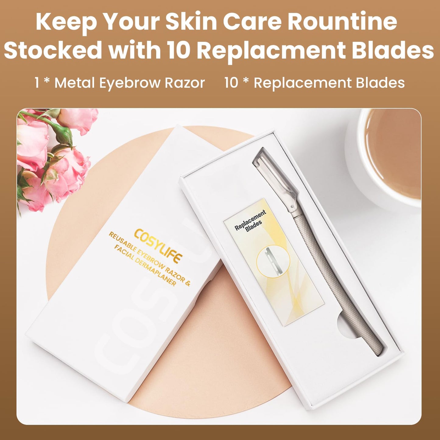 COSYLIFE Eyebrow Razor Dermaplaning Tool with 10 Blade Refills Exfoliating Face Razors for Women Facial Razor for Peach Fuzz and Eyebrow Hair Removal